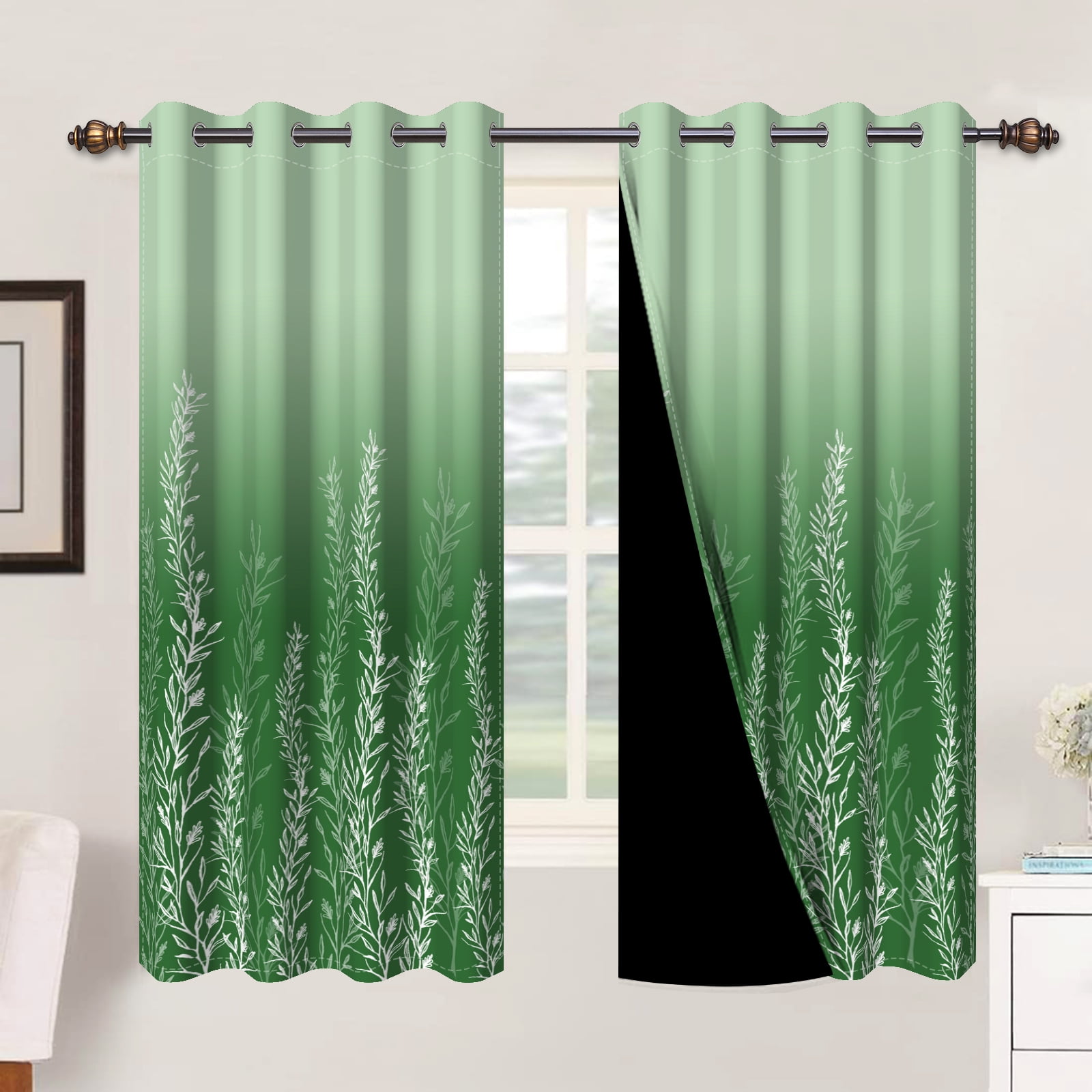 Mizhona Blackout Curtains for Bedroom,Green Plants Gradient Printed Room Darkening Curtains Set of 2,42"x63"