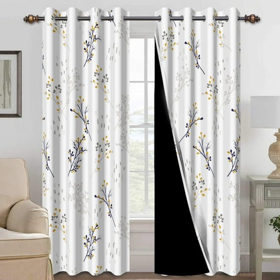 Mizhona Blackout Curtains for Bedroom,Rustic Yellow Flowers with Leaves Printed Room Curtains Set of 2,42"x108"