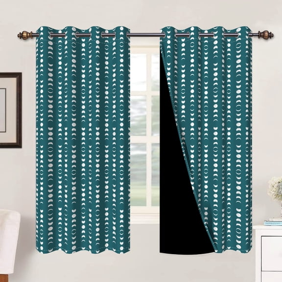 Mizhona Blackout Curtains for Bedroom,Teal Stripes Sun Moon Printed Room Darkening Curtains Set of 2,42"x63"