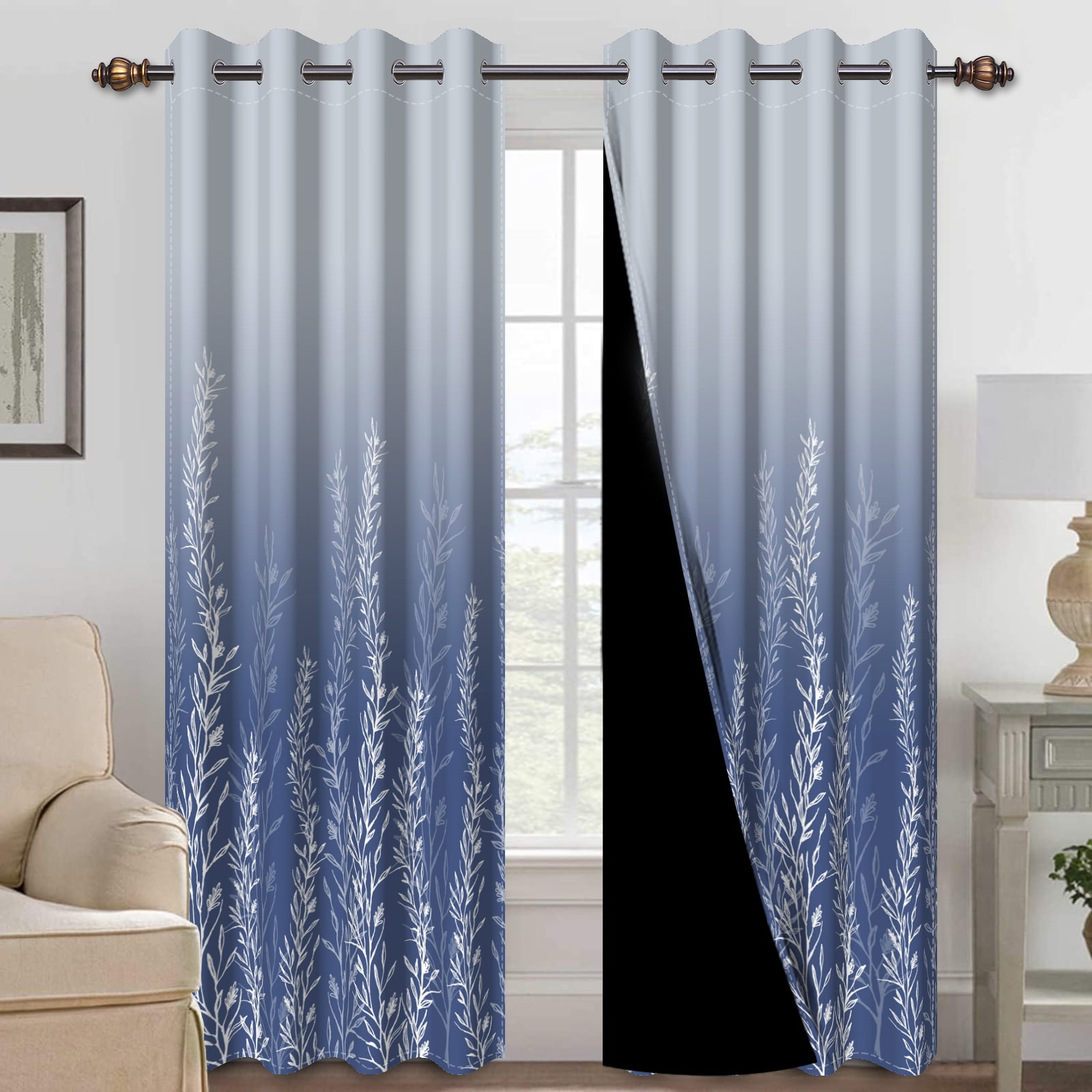 Mizhona Blackout Curtains for Living Room Bedroom Plants Window Curtains Blue Gradient Curtains Set of 2,52"x96"