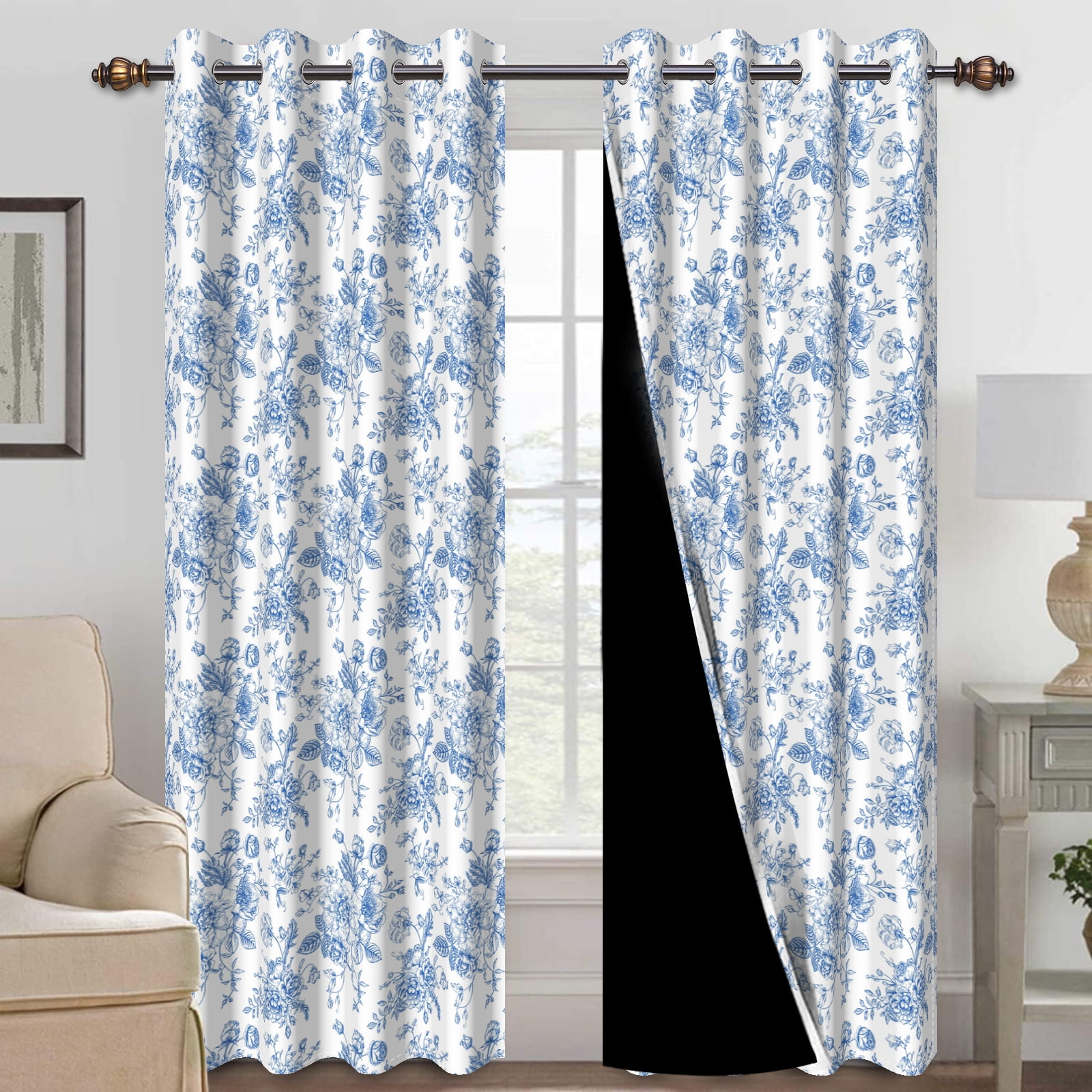 Mizhona Blackout Curtains for Living Room Blue Floral Window Curtains Rustic Flower Curtains Set of 2,52"x84"