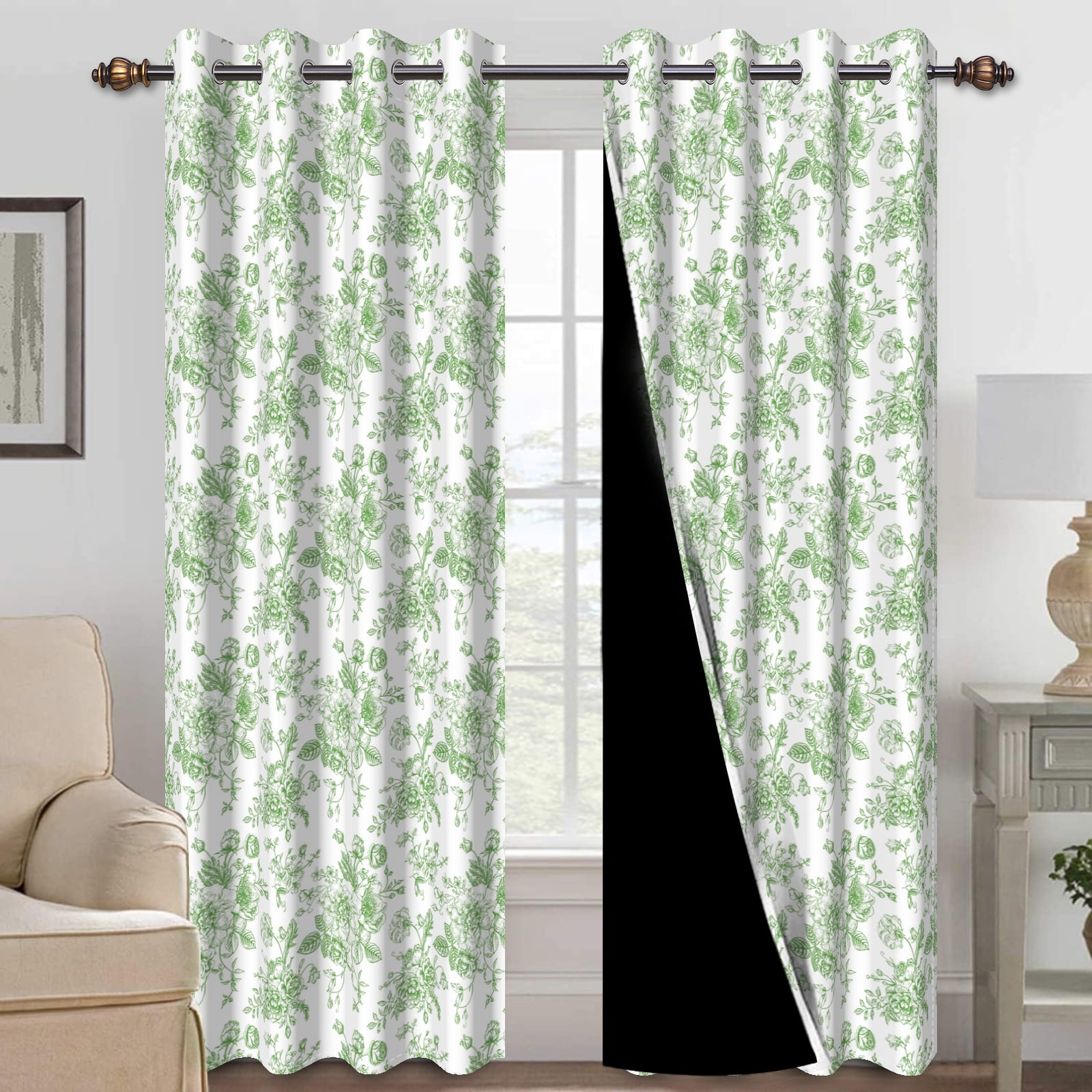 Mizhona Blackout Curtains for Living Room Green Floral Window Curtains Rustic Flower Curtains Set of 2,52"x96"