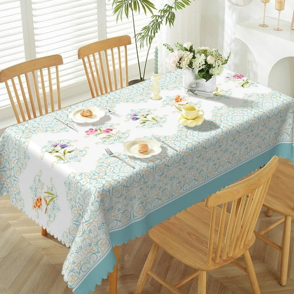Mizhona Teal Boho Rectangle Tablecloth,Bohemain Floral Pattern Table Cover for Kitchen Dinner Decor,54"x72"
