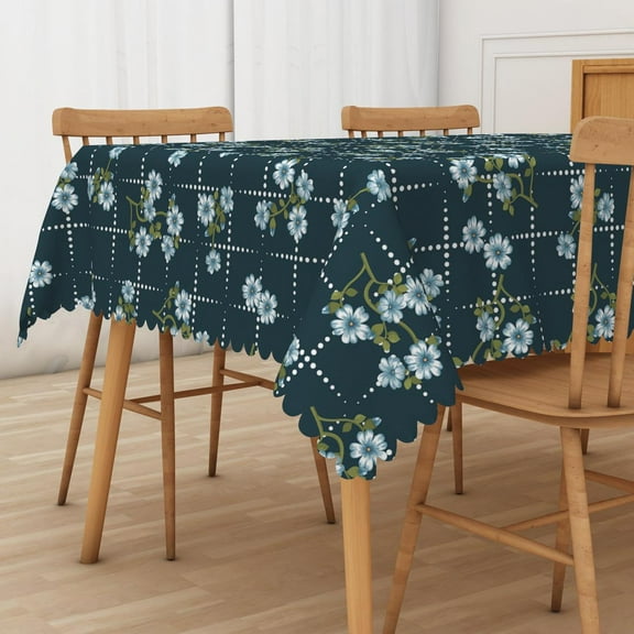 Mizhona Blue Floral Daisy Rectangle Tablecloth for Table Wildflower Green Leaves in Black Plaid Table Cloths for Picnic Party Decor,60"× 120"