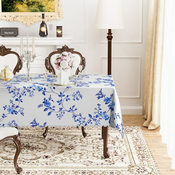Mizhona Blue Flower Tablecloth Rectangle,Spring Vintage Table Cloth for Kitchen Dinner Decor,60"x84"