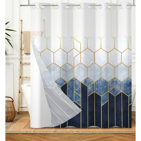 Mizhona Blue Geometric Shower Curtains with Snap in Liner Gold Blue No Hook Fabric Bathroom Curtain，71"× 74"