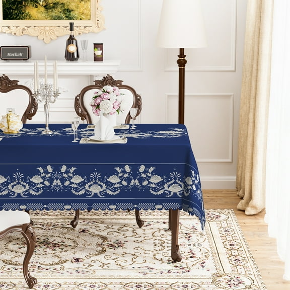 Mizhona Blue Vintage Tablecloth Rectangle,Beige Flower Table Cloth for Kitchen Dinner Decor,60"x84"
