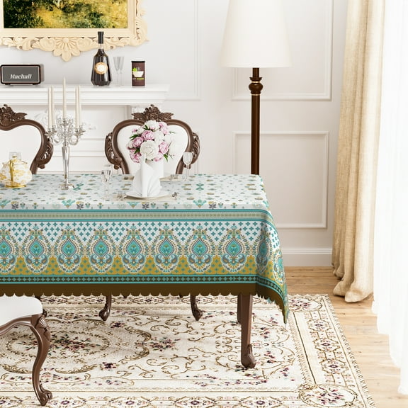 Mizhona Bohemia Patterned Tablecloth Rectangle,Teal Blue Table Cloth for Kitchen Dinner Decor,54"x72"