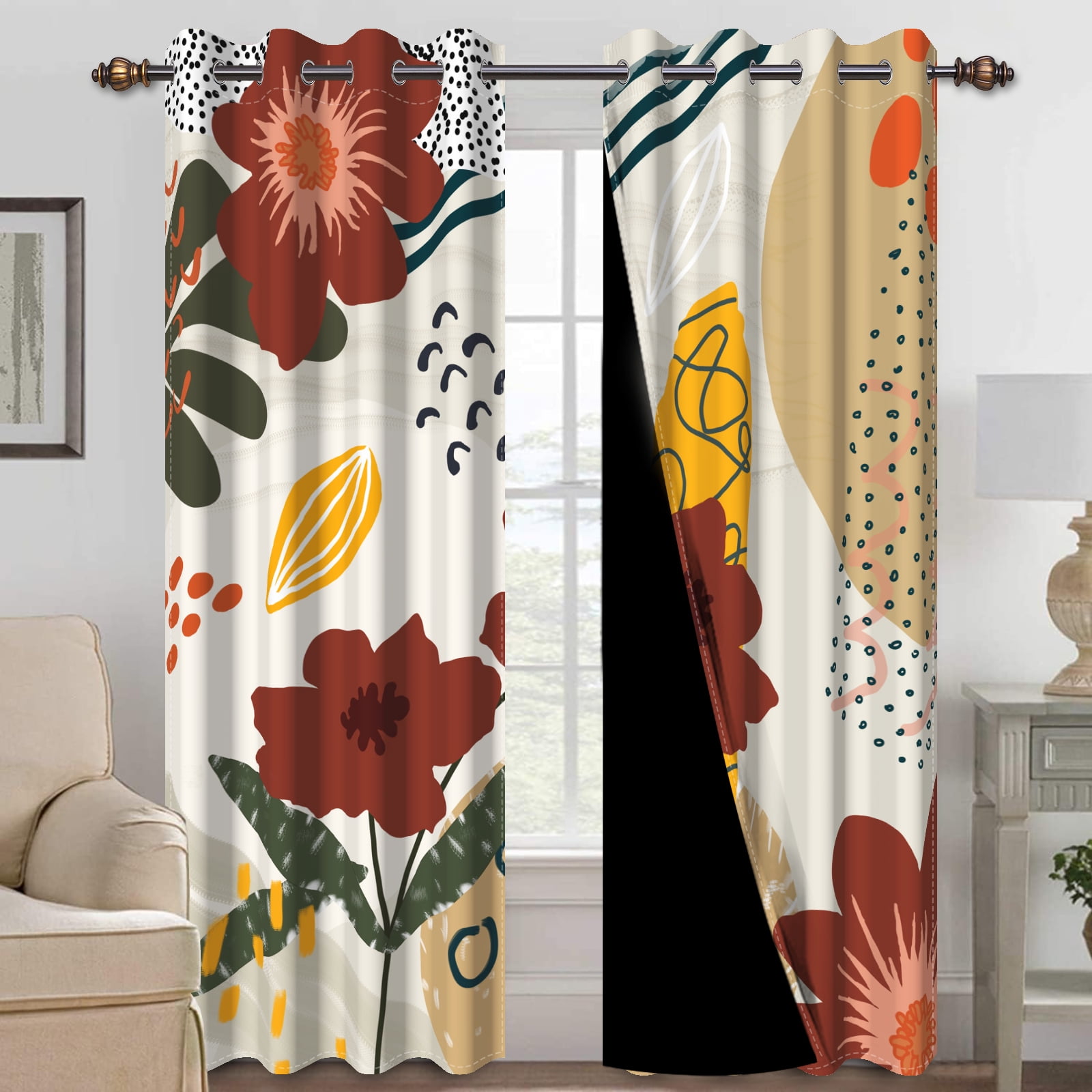 Mizhona Boho Floral Blackout Curtains for Living Room Country Window Curtain Set of 2,52"x96"