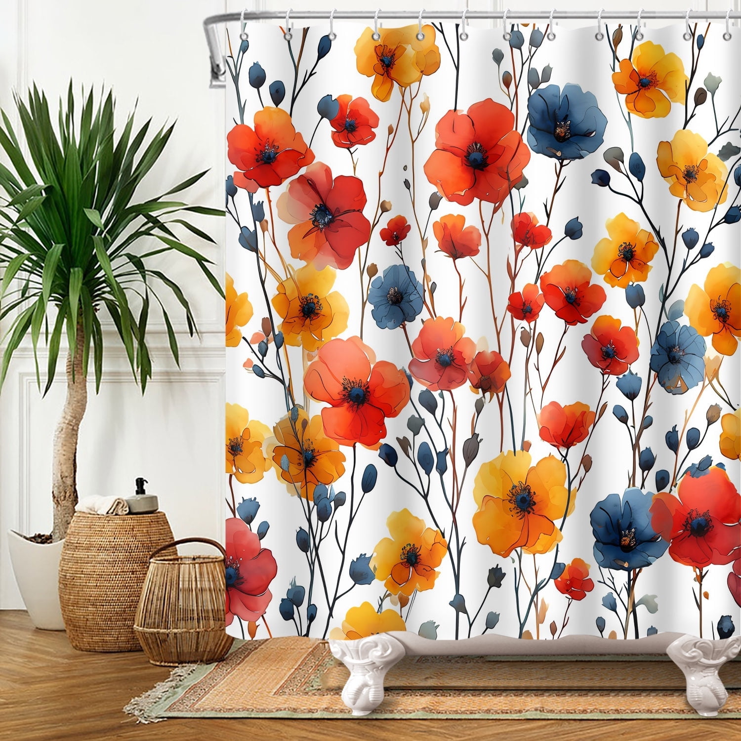 MIZHONA Boho Floral Shower Curtain for Bathroom Watercolor Colorful Waterproof Polyester Abstract Aesthetic Decorative Washable 60"x72"