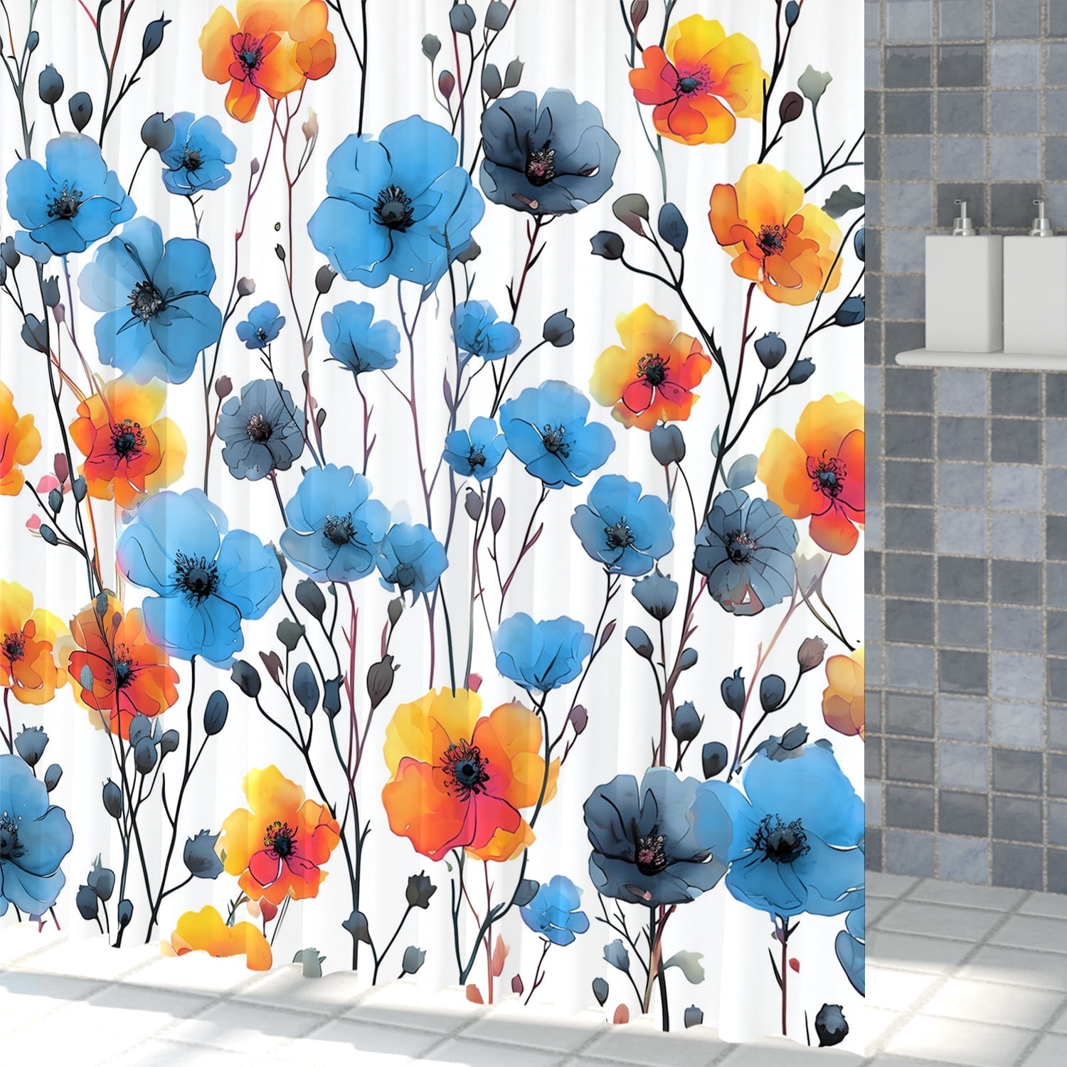 MIZHONA Boho Floral Shower Curtain for Bathroom Waterproof Abstract Aesthetic Decorative Blue 47"X64"