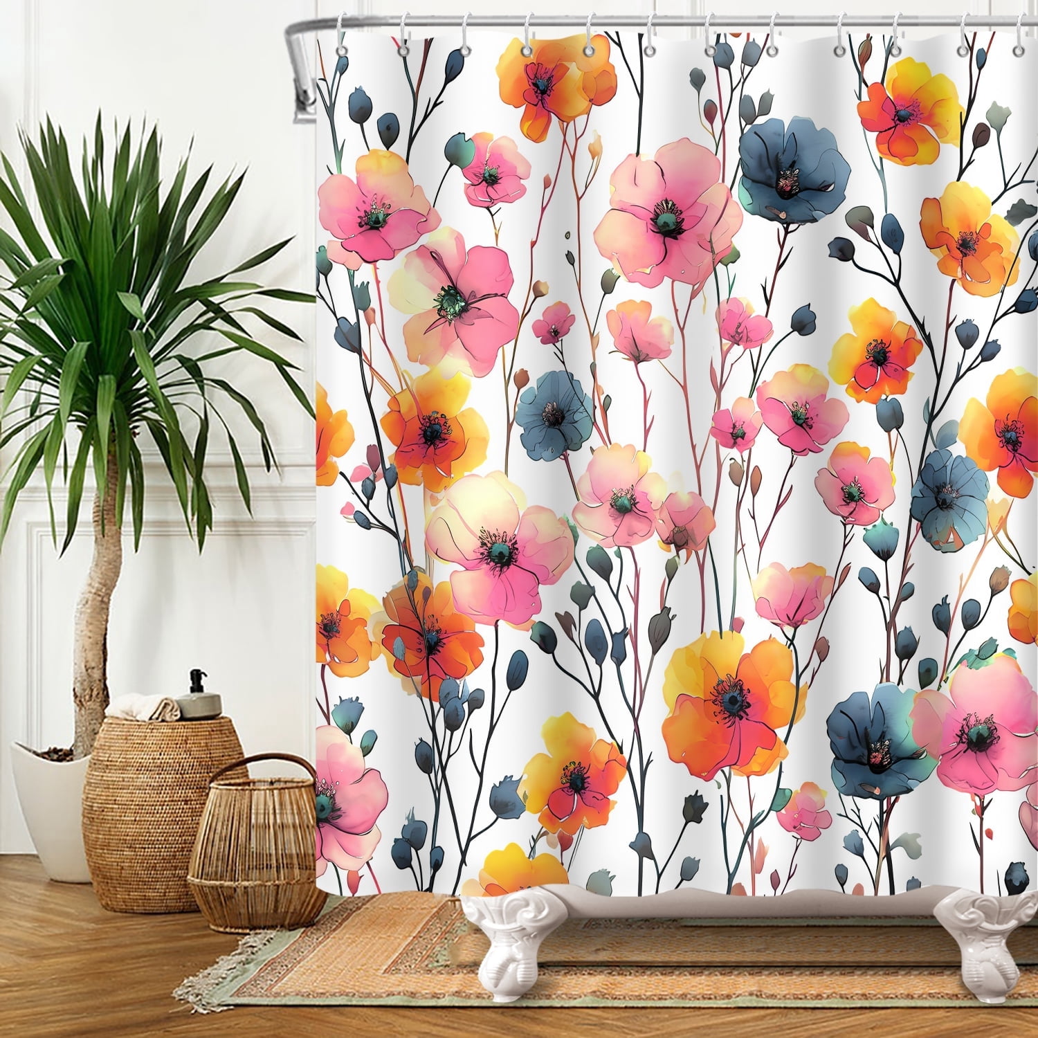 MIZHONA Pink Floral Shower Curtain Spring Watercolor Wildflowers Waterproof Bathroom Decorative 72"X72"