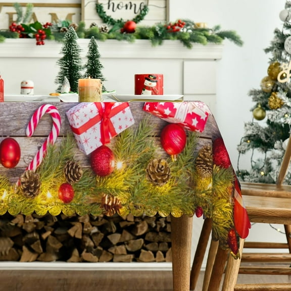 Mizhona Christmas Tablecloth Rectangle Winter Rustic Wood Kitchen Waterproof Table Cover Reusable 60"X84"