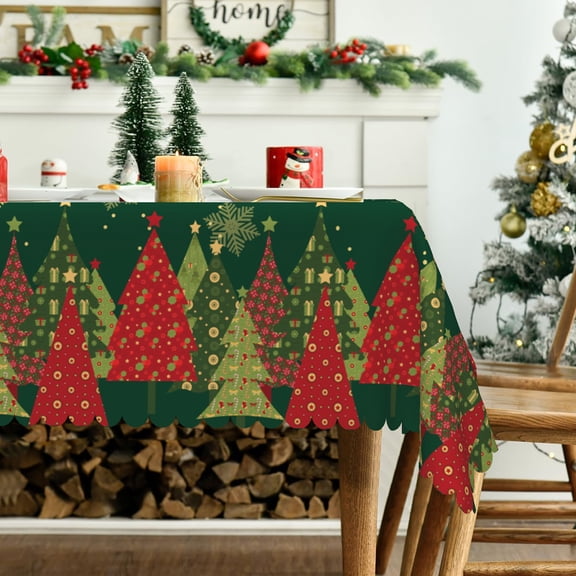 Mizhona Christmas Rectangle Tablecloth Winter Holiday Xmas Tree Snow for Party Dining Kitchen Washable Waterproof Green Decor 60"x102"