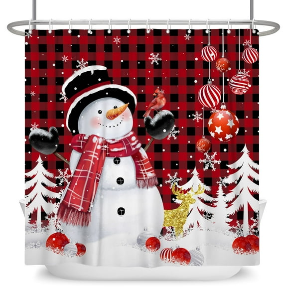 Mizhona Christmas Shower Curtain Snowman Xmas Tree Red Checkered for Bathroom Winter Holiday New Year Decor with Hooks 72"X72"