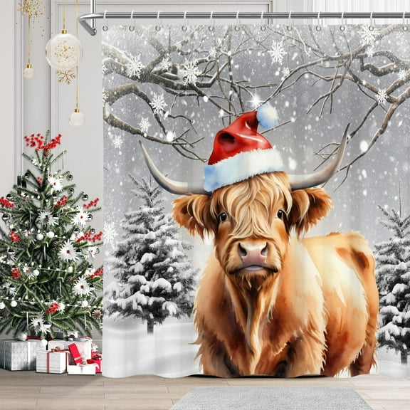 Mizhona Christmas Shower Curtain for Bathroom Snow Funny Cow Holiday Winter New Year Waterproof Washable Decor with Hooks 72"X72"