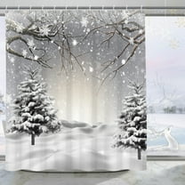Mizhona Christmas Shower Curtain for Bathroom Snow Xmas Tree Holiday Winter New Year Gray Sky Waterproof Decor Washable 72"X72"