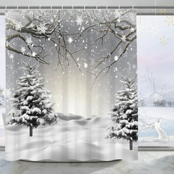Mizhona Christmas Shower Curtain for Bathroom Snow Xmas Tree Holiday Winter New Year Gray Sky Waterproof Decor Washable 72"X72"