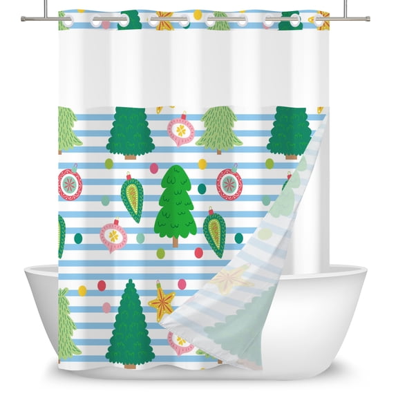 Mizhona Christmas Tree No Hooks Shower Curtains with Snap in Liner Green Trees on White and Blue Striped Hookless Fabric Bathroom Curtain，71"× 71"