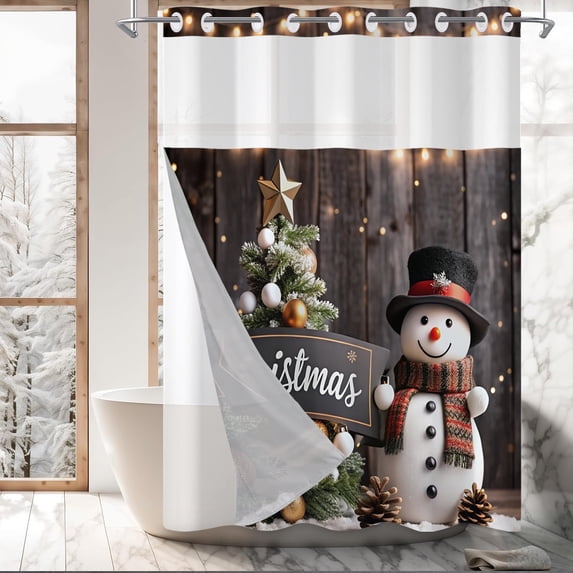 Mizhona Christmas Tree No Hooks Shower Curtains with Snap in Liner Snowman on Wooden Board Hookless Fabric Bathroom Curtain,71"× 83"
