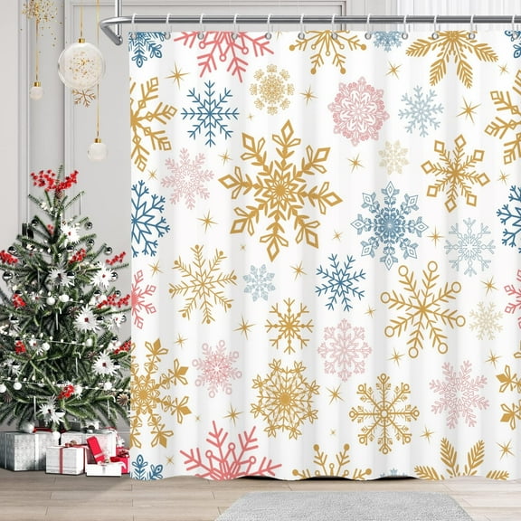 Mizhona Winter Snowflakes Shower Curtain Christmas Theme Snow Bathroom Curtain Set with Hooks Decor 72"X72"