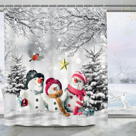 Mizhona Christmas Winter Shower Curtain Snowmen Xmas Tree for Bathroom Waterproof Holiday New Year Snow Decor 47"x64"