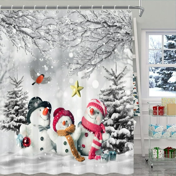 Mizhona Christmas Shower Curtain Winter Theme Snowmen fabric Bathroom Curtain Decor Set 72"X72"