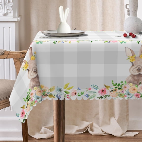 Mizhona Easter Bunny Checkered Rectange Tablecloth Spring Floral Table Cloth for Dinning,Kitchen,Party,54" x 72"