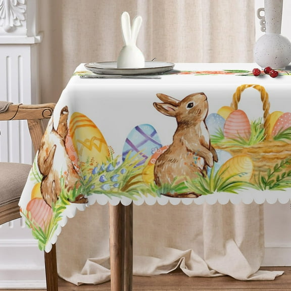 Mizhona Easter Cute Bunny Rectange Tablecloth Color Eggs Table Cloth for Dinning,Kitchen,Party，60" x 84"