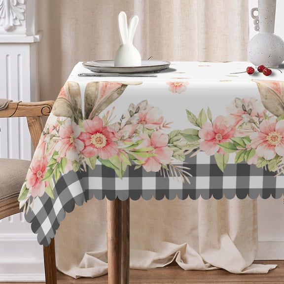 Mizhona Easter Funny Bunny Rectange Tablecloth Pink Floral Table Cloth for Dinning,Kitchen,Party,60" x 102"