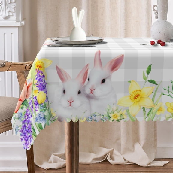 Mizhona Easter White Rabbits Rectange Tablecloth Butterfly Table Cloth for Dinning,Kitchen,Party,54" x 72"