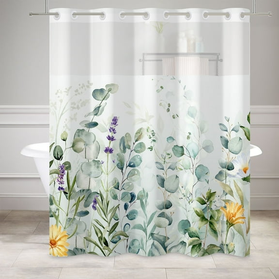 Mizhona Eucalyptus Leaf and Flroal Hookless Shower Curtain with Snap in Liner,No Hooks Bath Curtain,71"× 74"