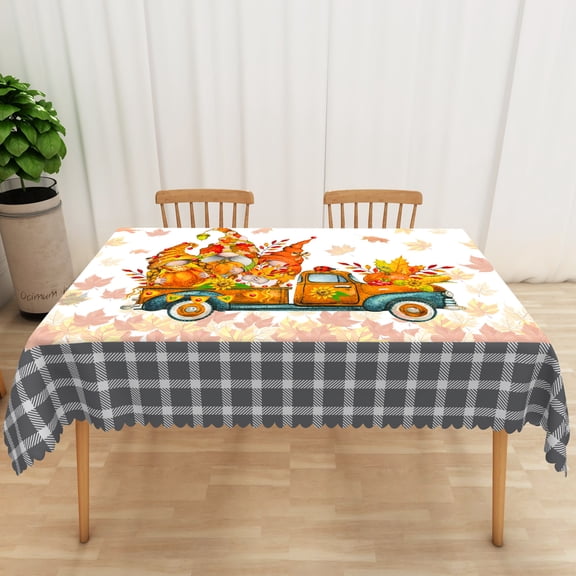 Mizhona Fall Maple Leaves Tablecloths for Rectangle Tables Gnome Truck in Black Plaid Table Cloth for Kitchen Dinner Decor,54"x72"