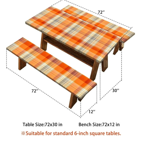 Mizhona Fall Picnic Table Cover with Bench Covers Black and Orange Checkered Rectangle Camping Table Cloth with Elastic Waterproof Reusable for Outdoors Patio BBQ 72"X30"