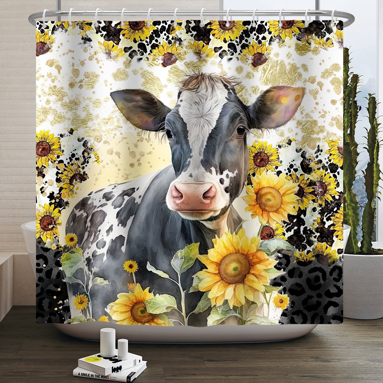 Mizhona Farm Shower Curtain for Bathroom Cow with Sunflowers Shower Curtains Waterproof Polyester Country Decor 72"x78"