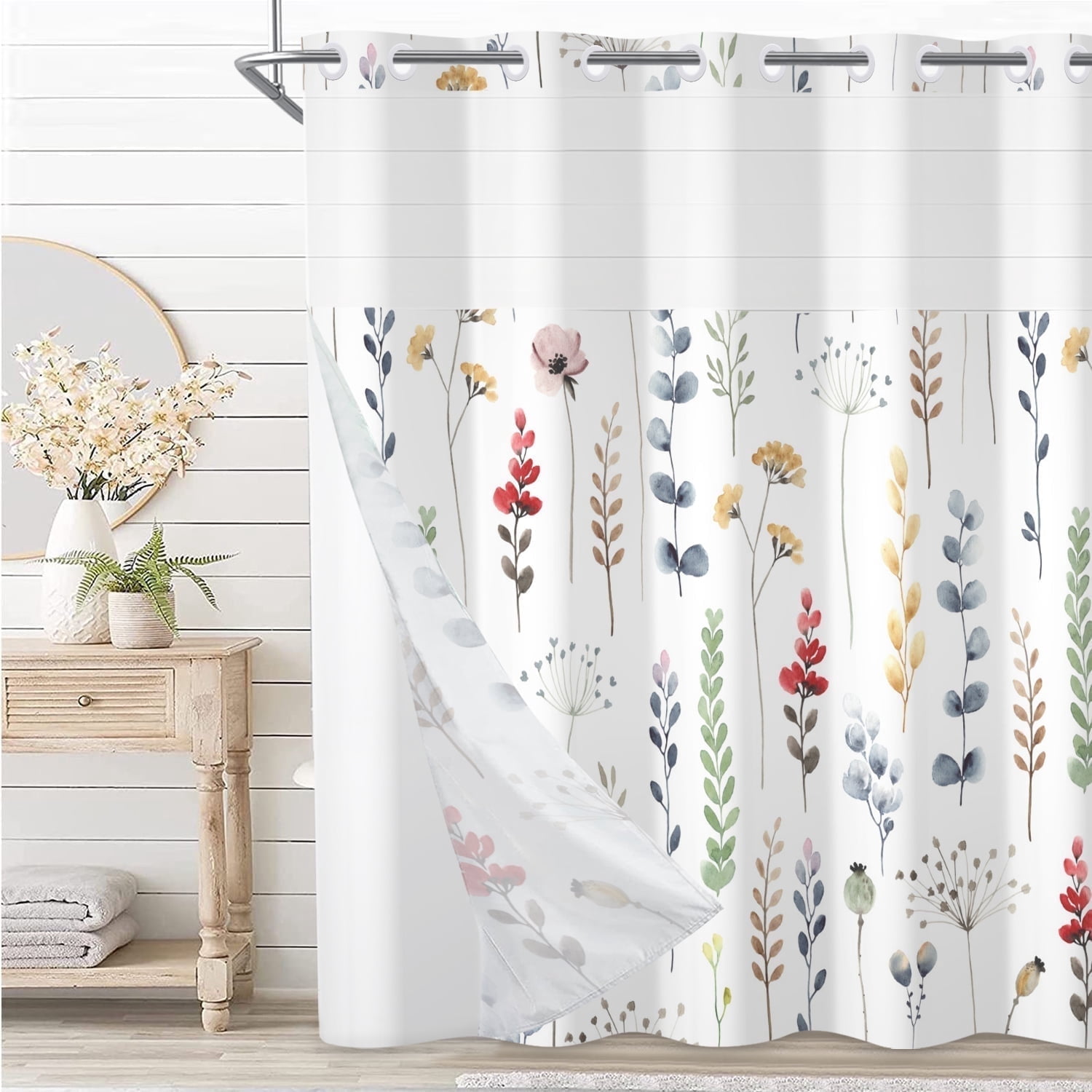 Mizhona Hookless Shower Curtain with Snap in Liner, Wild Floral Waterproof Fabric Mesh Window Bath Curtain, 71"X74"