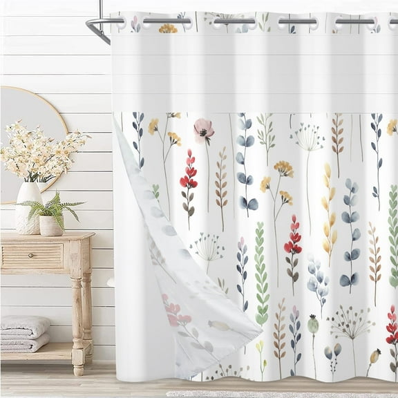 Mizhona Hookless Shower Curtain with Snap in Liner, Wild Floral Waterproof Fabric Mesh Window Bath Curtain, 71"X74"