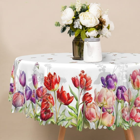 Mizhona Floral Round Tablecloth,Rea and Purple Lilies Table Cloth for Kitchen Party Outdoor Decor，60"
