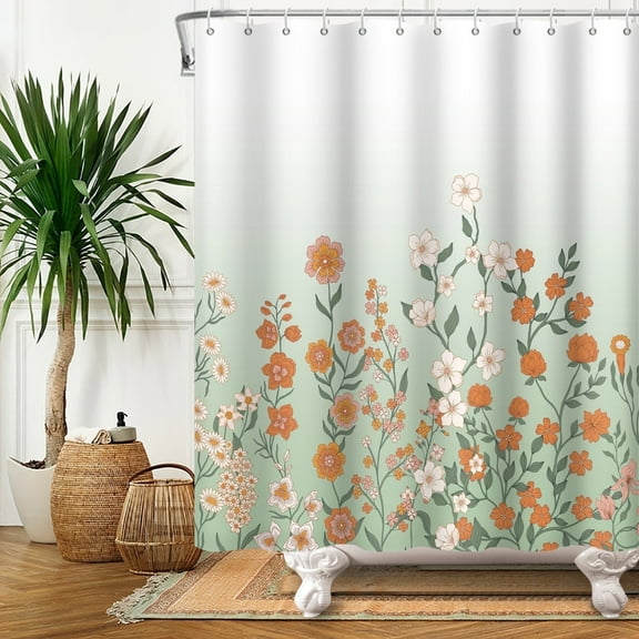 MIZHONA Spring Green Floral Shower Curtain Flowers Plants Bathroom Decor Curtain Set with Hooks 72"W x 72"L