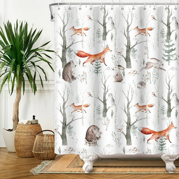 Mizhona Forest Animals Shower Curtain Fox Squirrel Bird for Bathroom Waterproof Polyester Decoration Funny 72"X72"