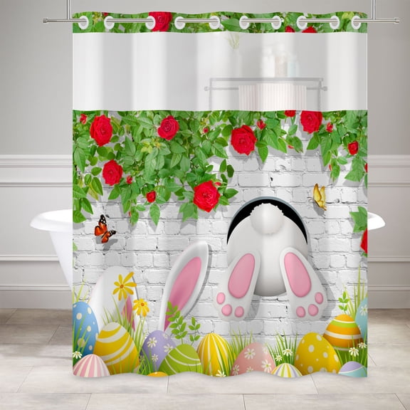 Mizhona Funny Bunny No Hook Shower Curtains with Snap in Liner,Yellow Eggs Hookless Bath Curtain,71"× 71"