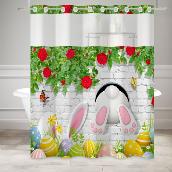 Mizhona Funny Bunny No Hook Shower Curtains with Snap in Liner,Yellow Eggs Hookless Bath Curtain,71"× 74"