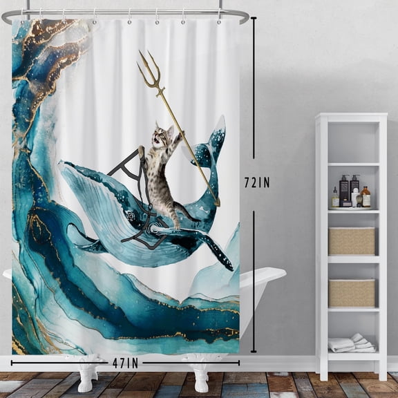 MIZHONA Funny Cat Shower Curtain for Bathroom with Holding Trident Riding A Shark Waterproof Polyester Brave Animal Decor 72"x72"