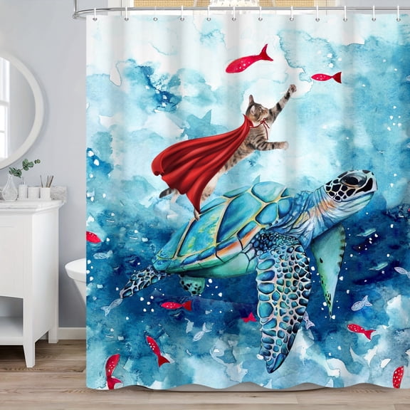 MIZHONA Sea Turtle Shower Curtain Ocean Coastal with Cat and Fish Bathroom Curtain Decor with Hooks 72"x72"