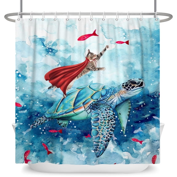 MIZHONA Funny Cat with Turtle Shower Curtain Ocean Nautical Coastal with Fish Bathroom Curtain Decor with Hooks 72"x72"