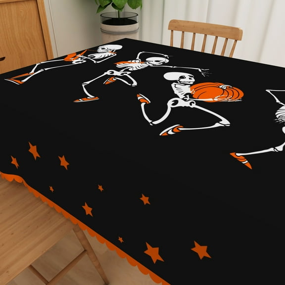 Mizhona Funny Skeletons Rectangle Tablecloth Orange Pumpkin Halloween in Black Waterproof Table Cloth for Kitchen Party Picnic Decor,60"× 84"