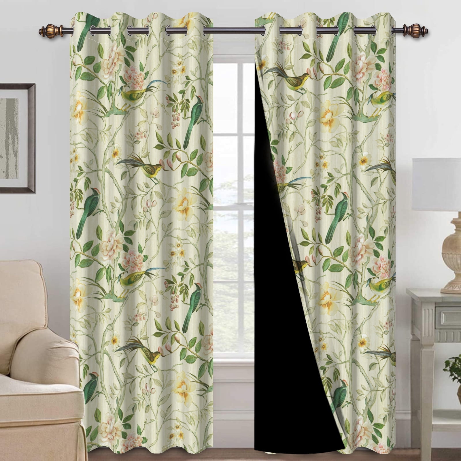 Mizhona Green Blackout Curtains for Bedroom,Chinese Theme Birds Printed Room Darkening Curtains Set of 2,42"x84"