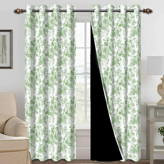Mizhona Green Blackout Curtains for Bedroom,Rustic Flower Leaves Printed Room Darkening Curtains Set of 2,42"x84"