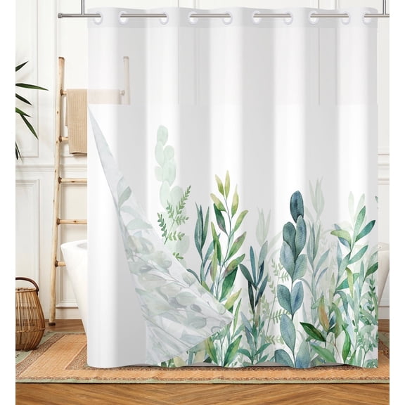 Mizhona Green Leaves Shower Curtains with Snap in Liner Watercolor Plants No Hook Fabric Bathroom Curtain,71"× 71"