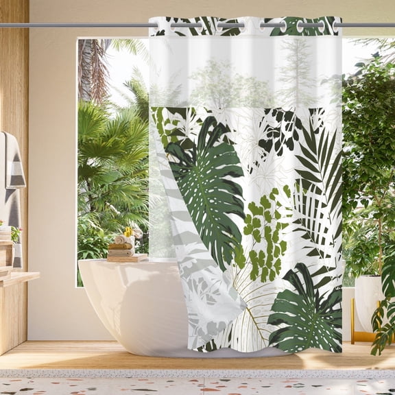 Mizhona Green Shower Curtain with Snap in Liner,Palm Leaves No Hook Bathroom Curtain,71"× 71"